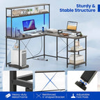 Bureau de jeu en L avec bande LED et multiprises intégrées – Voir les détails