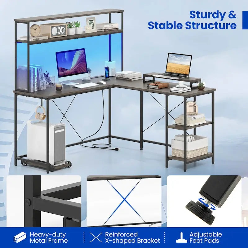 Bureau de jeu en L avec bande LED et multiprises intégrées – Voir les détails