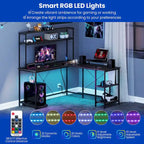 Bureau de jeu en L avec bande LED et multiprises intégrées – Voir les détails