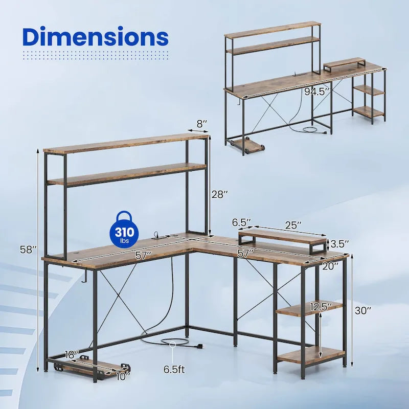 Bureau de jeu en L avec bande LED et multiprises intégrées – Voir les détails