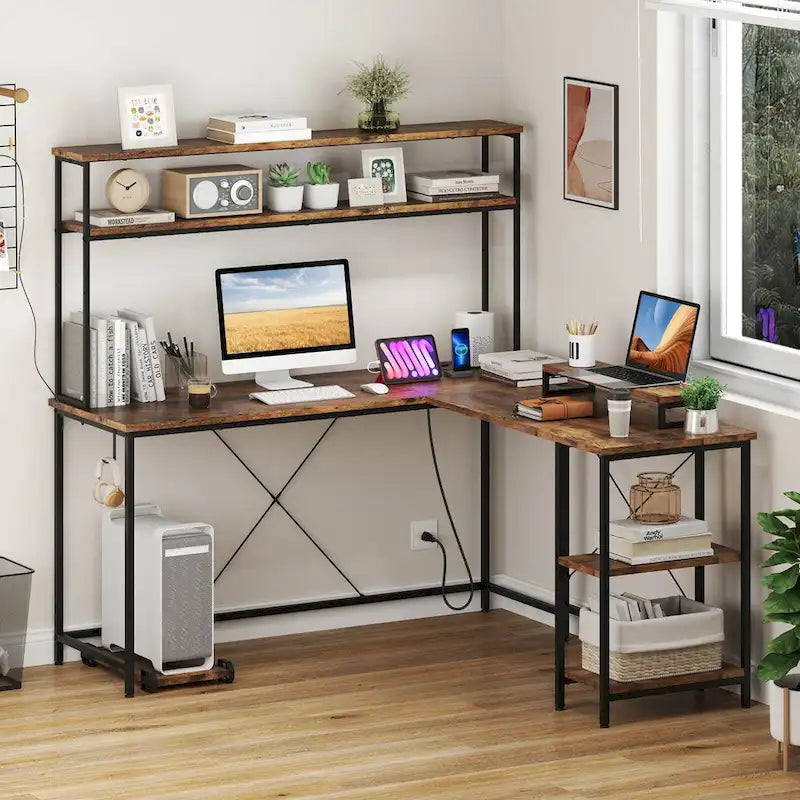 Bureau de jeu en L avec bande LED et multiprises intégrées – Voir les détails