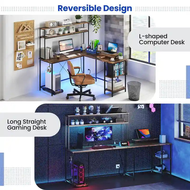 Bureau de jeu en L avec bande LED et multiprises intégrées – Voir les détails