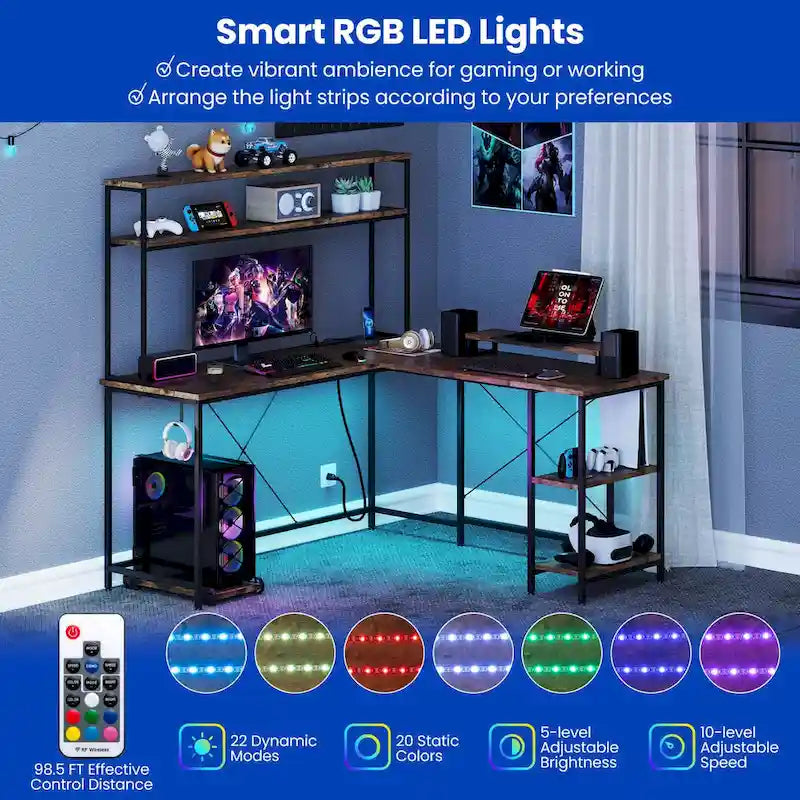 Bureau de jeu en L avec bande LED et multiprises intégrées – Voir les détails