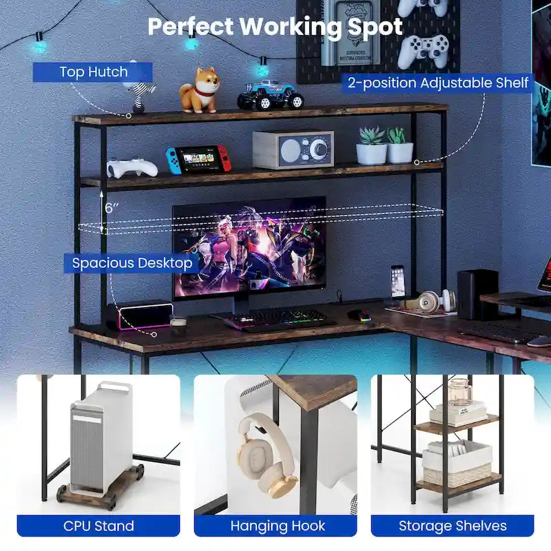 Bureau de jeu en L avec bande LED et multiprises intégrées – Voir les détails