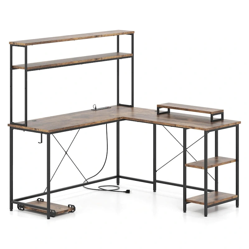 Bureau de jeu en L avec bande LED et multiprises intégrées – Voir les détails