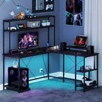Bureau de jeu en L avec bande LED et multiprises intégrées – Voir les détails