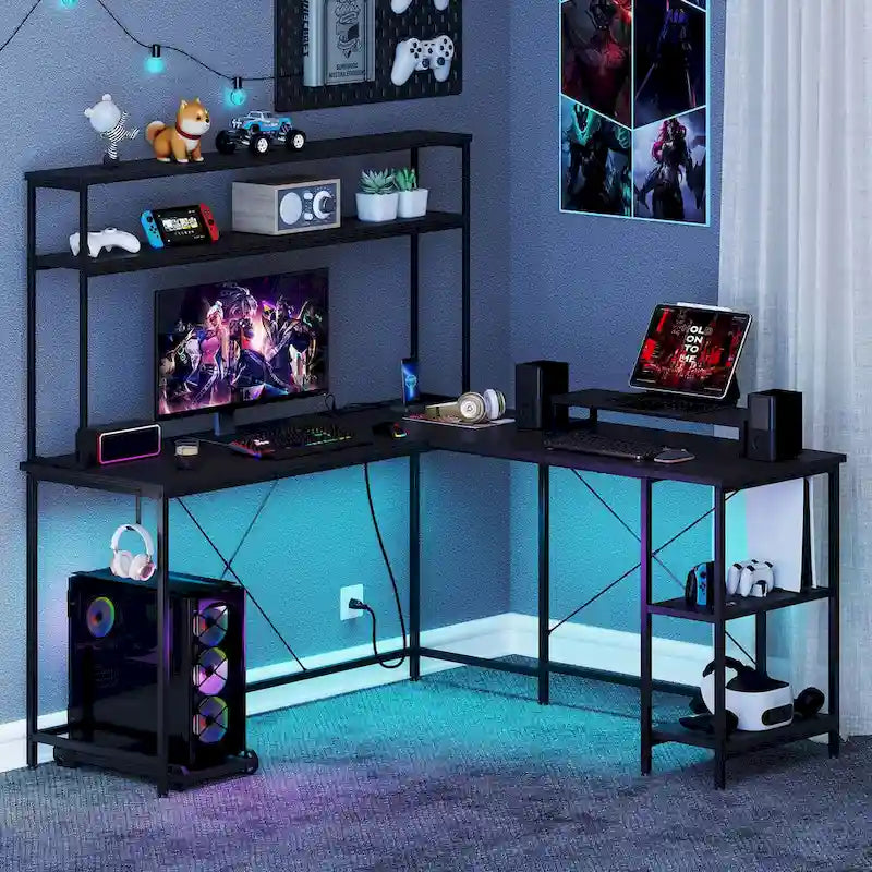 Bureau de jeu en L avec bande LED et multiprises intégrées – Voir les détails