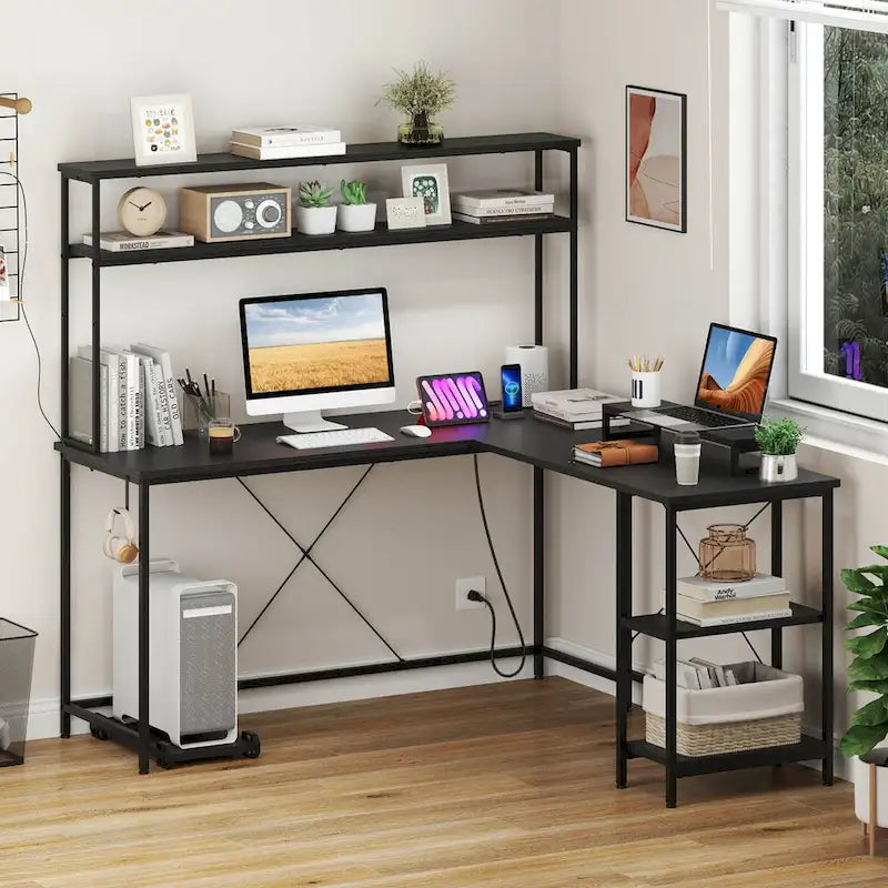 Bureau de jeu en L avec bande LED et multiprises intégrées – Voir les détails