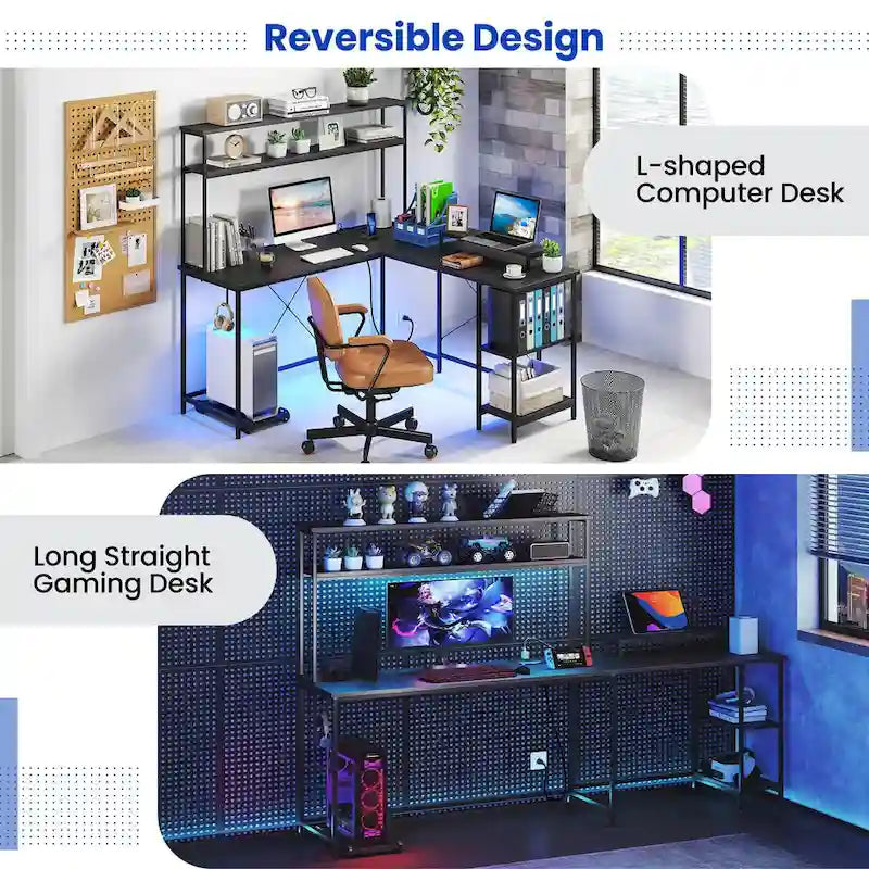 Bureau de jeu en L avec bande LED et multiprises intégrées – Voir les détails
