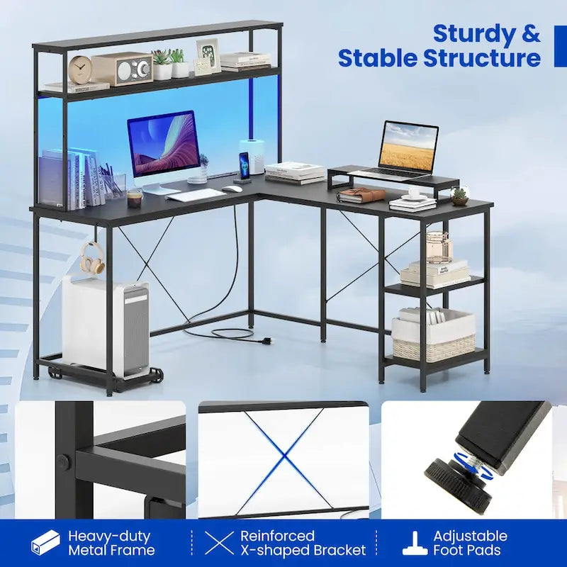 Bureau de jeu en L avec bande LED et multiprises intégrées – Voir les détails