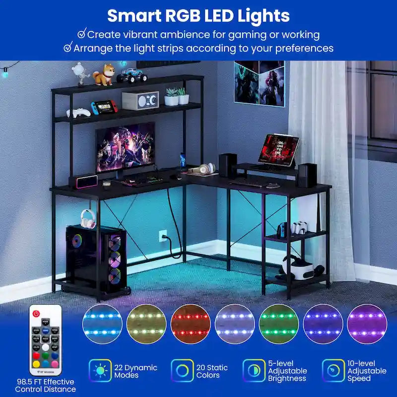 Bureau de jeu en L avec bande LED et multiprises intégrées – Voir les détails