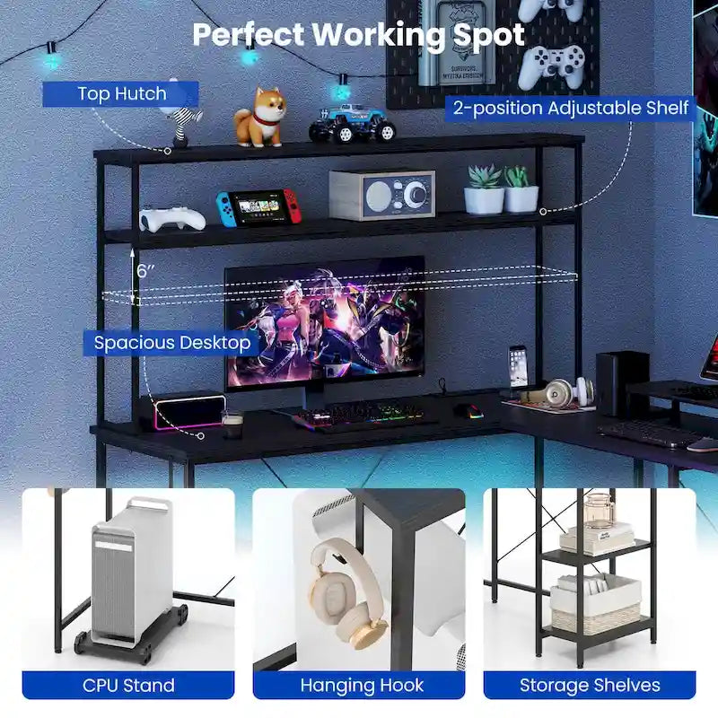 Bureau de jeu en L avec bande LED et multiprises intégrées – Voir les détails