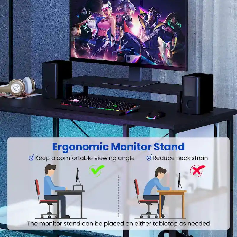 Bureau de jeu en L avec bande LED et multiprises intégrées – Voir les détails