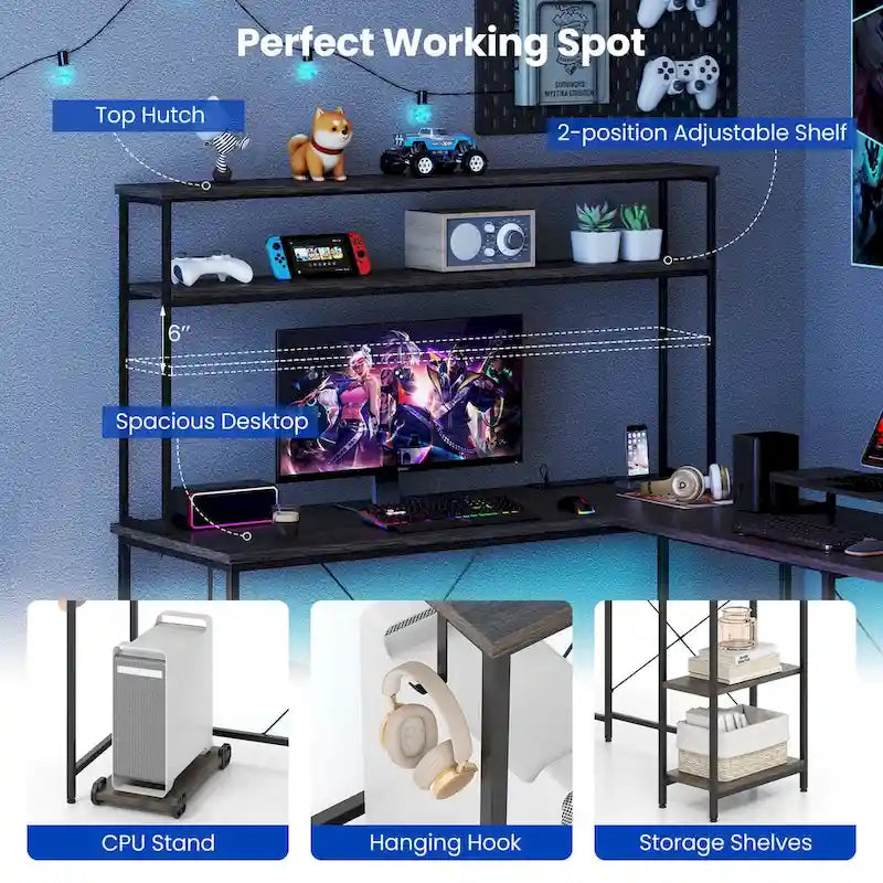 Bureau de jeu en L avec bande LED et multiprises intégrées – Voir les détails