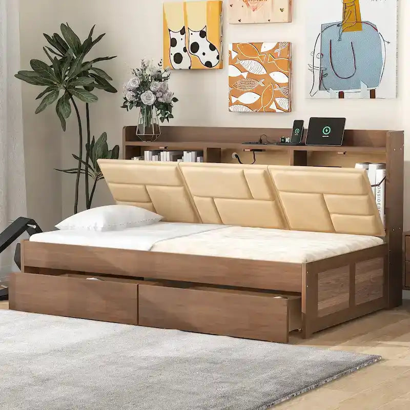 Lit de repos double en bois avec tête de lit rembourrée, ports USB et 2 tiroirs