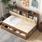 Lit de repos double en bois avec tête de lit rembourrée, ports USB et 2 tiroirs