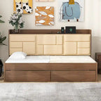 Lit de repos double en bois avec tête de lit rembourrée, ports USB et 2 tiroirs
