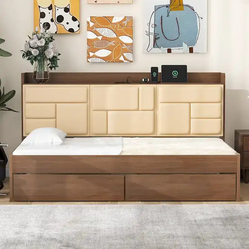Lit de repos double en bois avec tête de lit rembourrée, ports USB et 2 tiroirs
