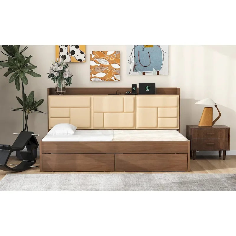 Lit de repos double en bois avec tête de lit rembourrée, ports USB et 2 tiroirs