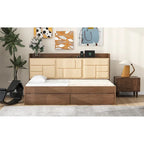 Lit de repos double en bois avec tête de lit rembourrée, ports USB et 2 tiroirs