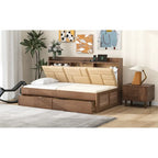 Lit de repos double en bois avec tête de lit rembourrée, ports USB et 2 tiroirs