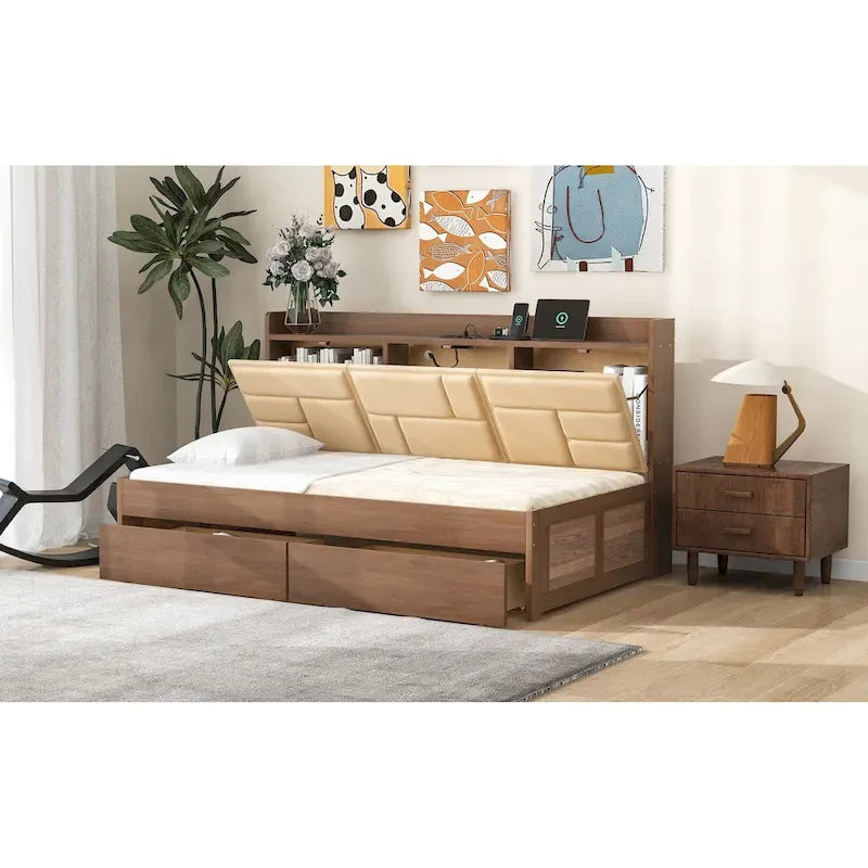 Lit de repos double en bois avec tête de lit rembourrée, ports USB et 2 tiroirs