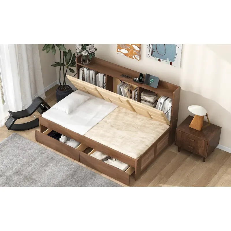 Lit de repos double en bois avec tête de lit rembourrée, ports USB et 2 tiroirs