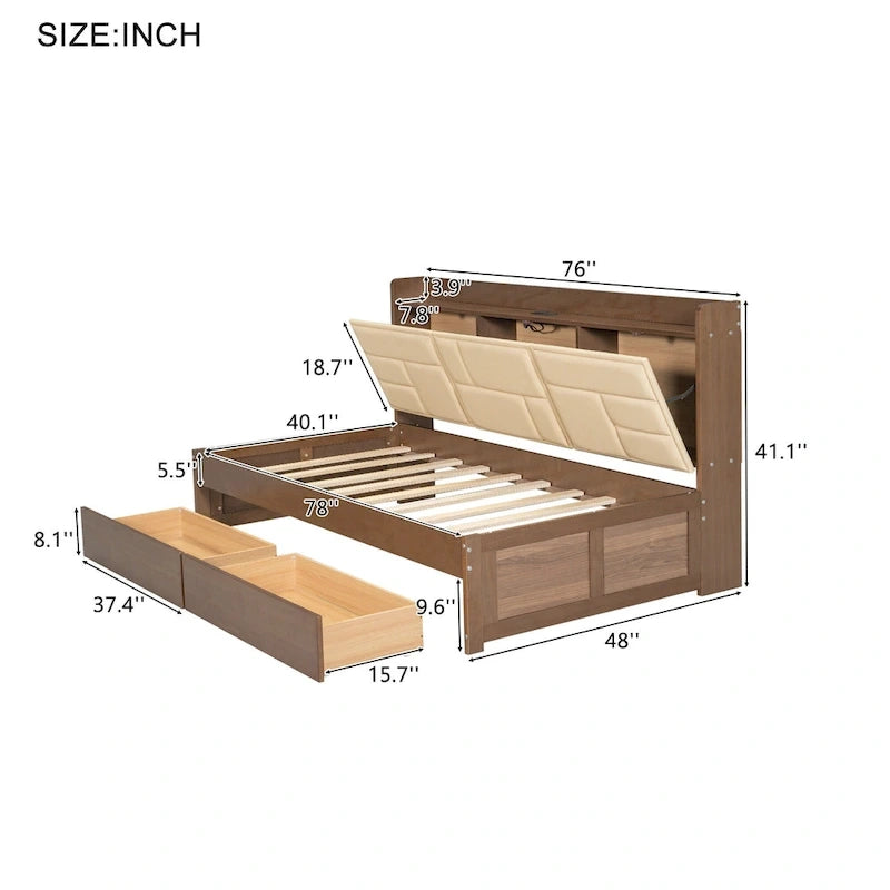 Lit de repos double en bois avec tête de lit rembourrée, ports USB et 2 tiroirs