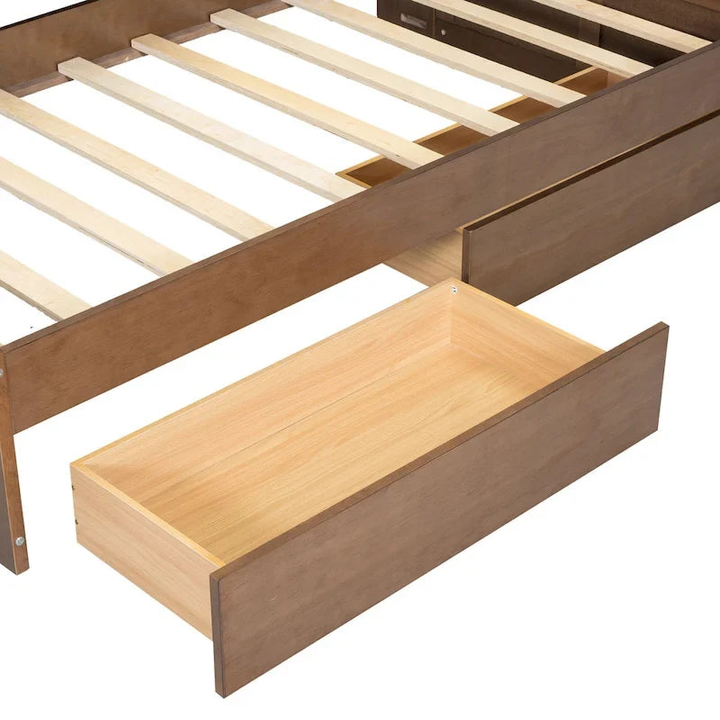 Lit de repos double en bois avec tête de lit rembourrée, ports USB et 2 tiroirs