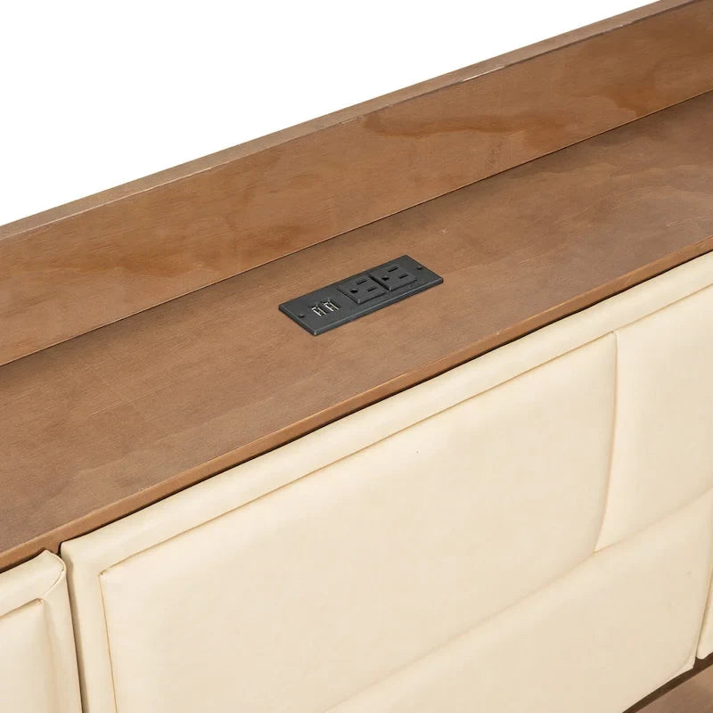 Lit de repos double en bois avec tête de lit rembourrée, ports USB et 2 tiroirs