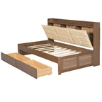 Lit de repos double en bois avec tête de lit rembourrée, ports USB et 2 tiroirs