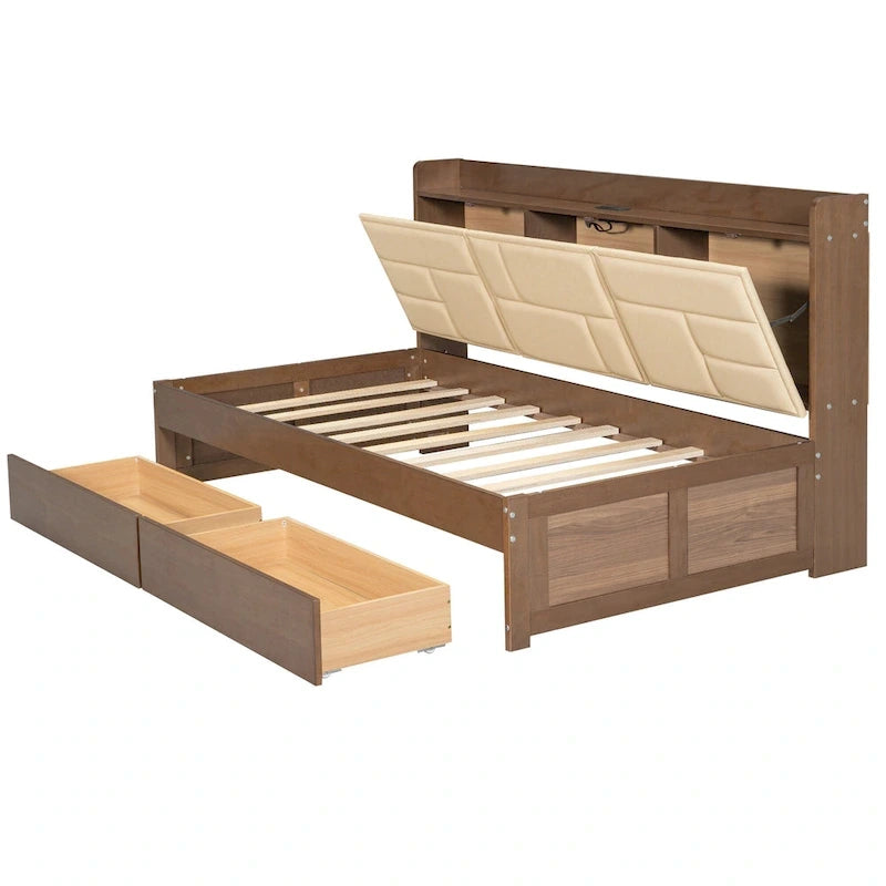 Lit de repos double en bois avec tête de lit rembourrée, ports USB et 2 tiroirs