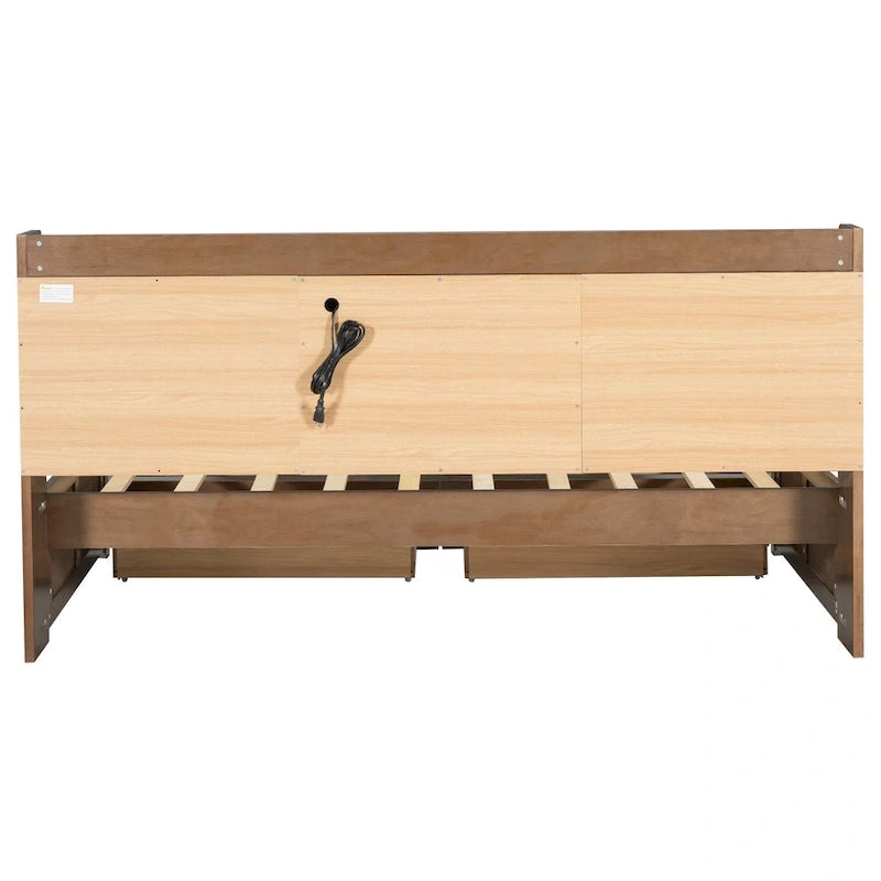 Lit de repos double en bois avec tête de lit rembourrée, ports USB et 2 tiroirs
