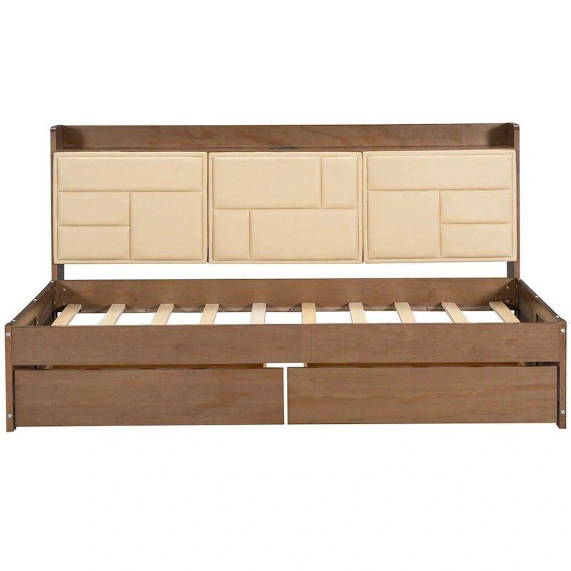 Lit de repos double en bois avec tête de lit rembourrée, ports USB et 2 tiroirs
