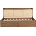 Lit de repos double en bois avec tête de lit rembourrée, ports USB et 2 tiroirs