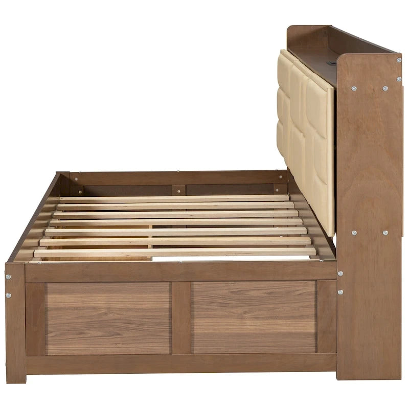 Lit de repos double en bois avec tête de lit rembourrée, ports USB et 2 tiroirs