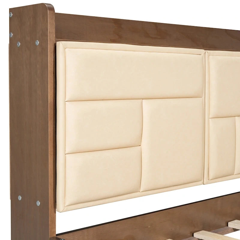 Lit de repos double en bois avec tête de lit rembourrée, ports USB et 2 tiroirs