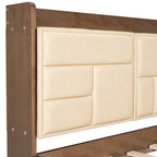 Lit de repos double en bois avec tête de lit rembourrée, ports USB et 2 tiroirs