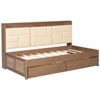 Lit de repos double en bois avec tête de lit rembourrée, ports USB et 2 tiroirs