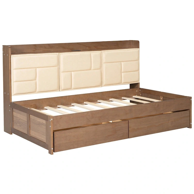 Lit de repos double en bois avec tête de lit rembourrée, ports USB et 2 tiroirs