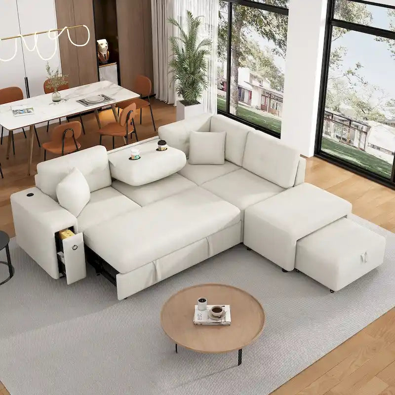 Canapé d'angle 4 places en L de 86,6 po avec lit gigogne, pouf mobile, ports USB et table rabattable avec porte-gobelets