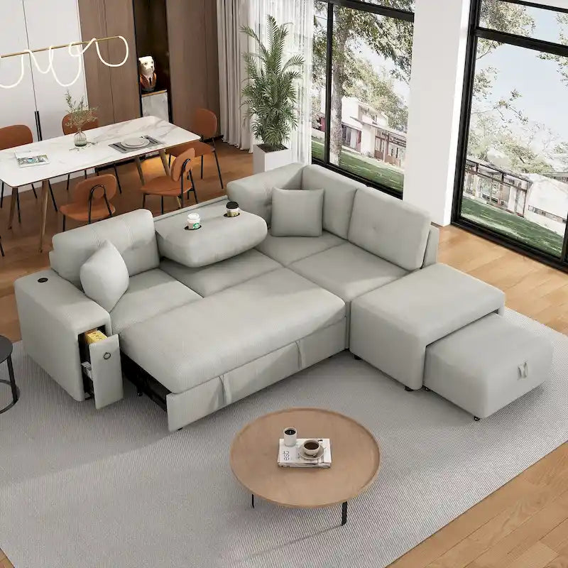 Canapé d'angle 4 places en L de 86,6 po avec lit gigogne, pouf mobile, ports USB et table rabattable avec porte-gobelets