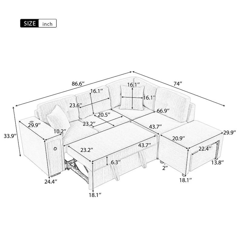 Canapé d'angle 4 places en L de 86,6 po avec lit gigogne, pouf mobile, ports USB et table rabattable avec porte-gobelets