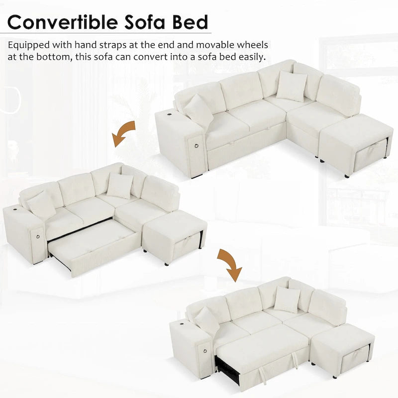 Canapé d'angle 4 places en L de 86,6 po avec lit gigogne, pouf mobile, ports USB et table rabattable avec porte-gobelets