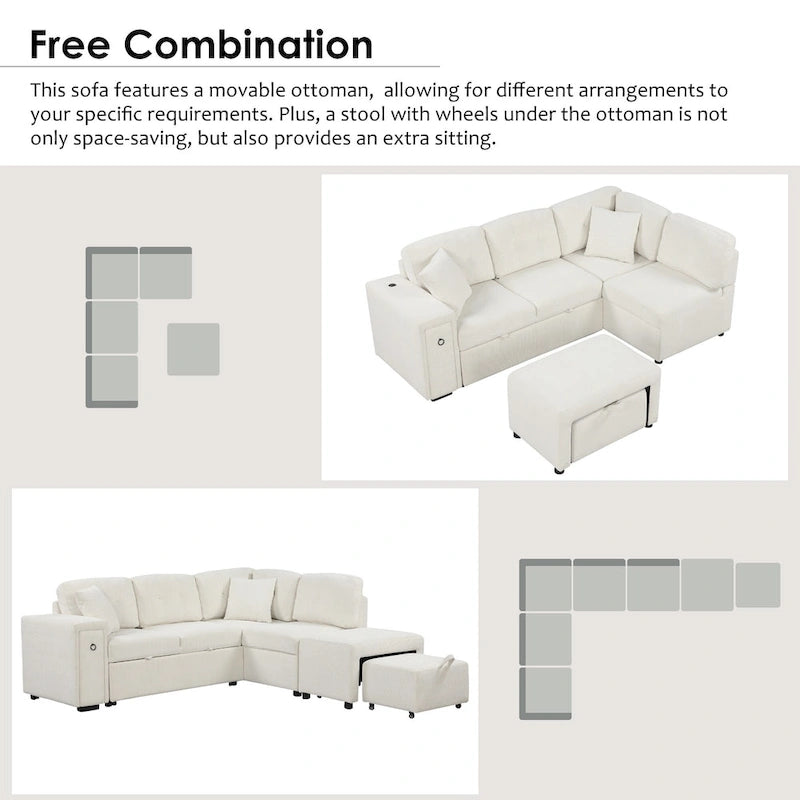 Canapé d'angle 4 places en L de 86,6 po avec lit gigogne, pouf mobile, ports USB et table rabattable avec porte-gobelets