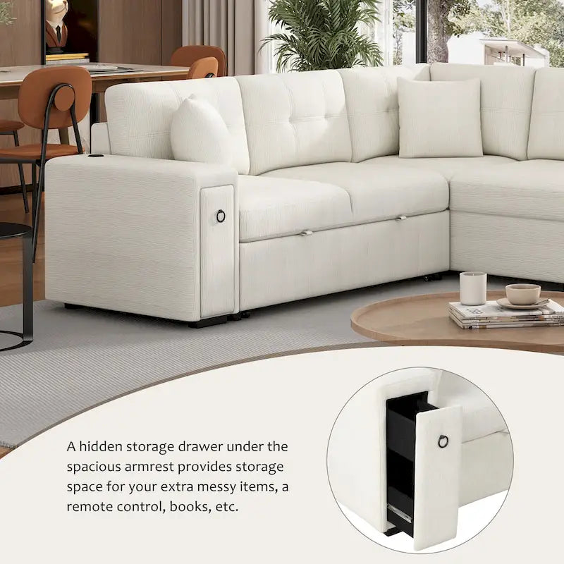 Canapé d'angle 4 places en L de 86,6 po avec lit gigogne, pouf mobile, ports USB et table rabattable avec porte-gobelets