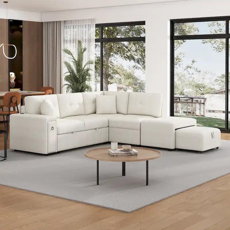 Canapé d'angle 4 places en L de 86,6 po avec lit gigogne, pouf mobile, ports USB et table rabattable avec porte-gobelets