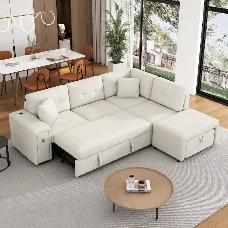 Canapé d'angle 4 places en L de 86,6 po avec lit gigogne, pouf mobile, ports USB et table rabattable avec porte-gobelets