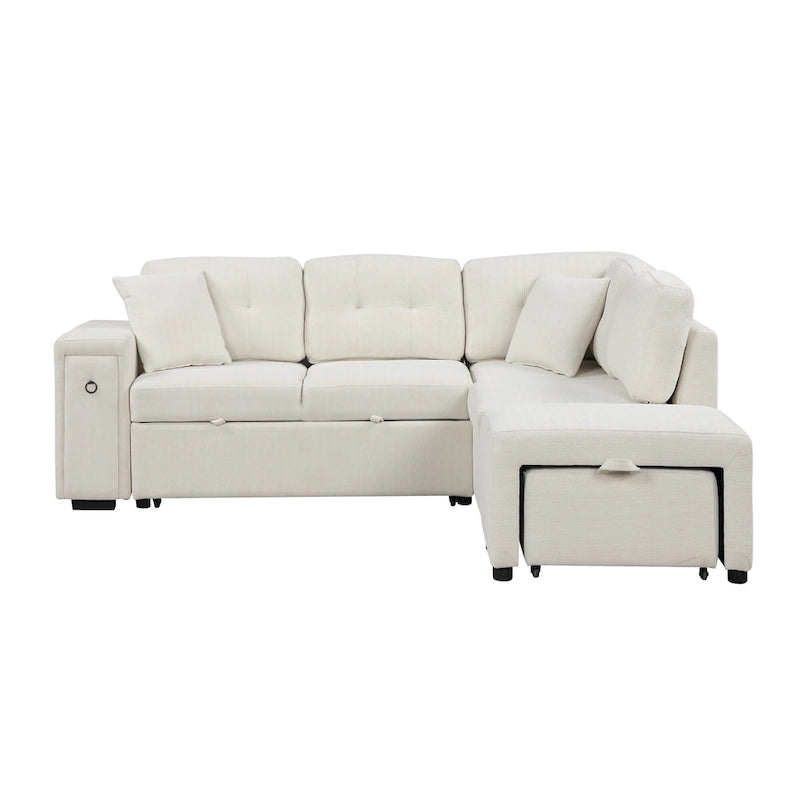 Canapé d'angle 4 places en L de 86,6 po avec lit gigogne, pouf mobile, ports USB et table rabattable avec porte-gobelets