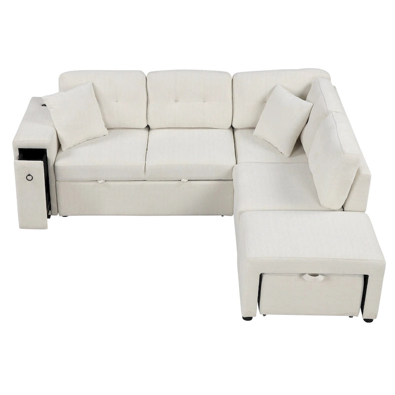 Canapé d'angle 4 places en L de 86,6 po avec lit gigogne, pouf mobile, ports USB et table rabattable avec porte-gobelets
